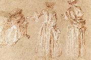 WATTEAU, Antoine Three Studies of a Lady with a Hat oil painting